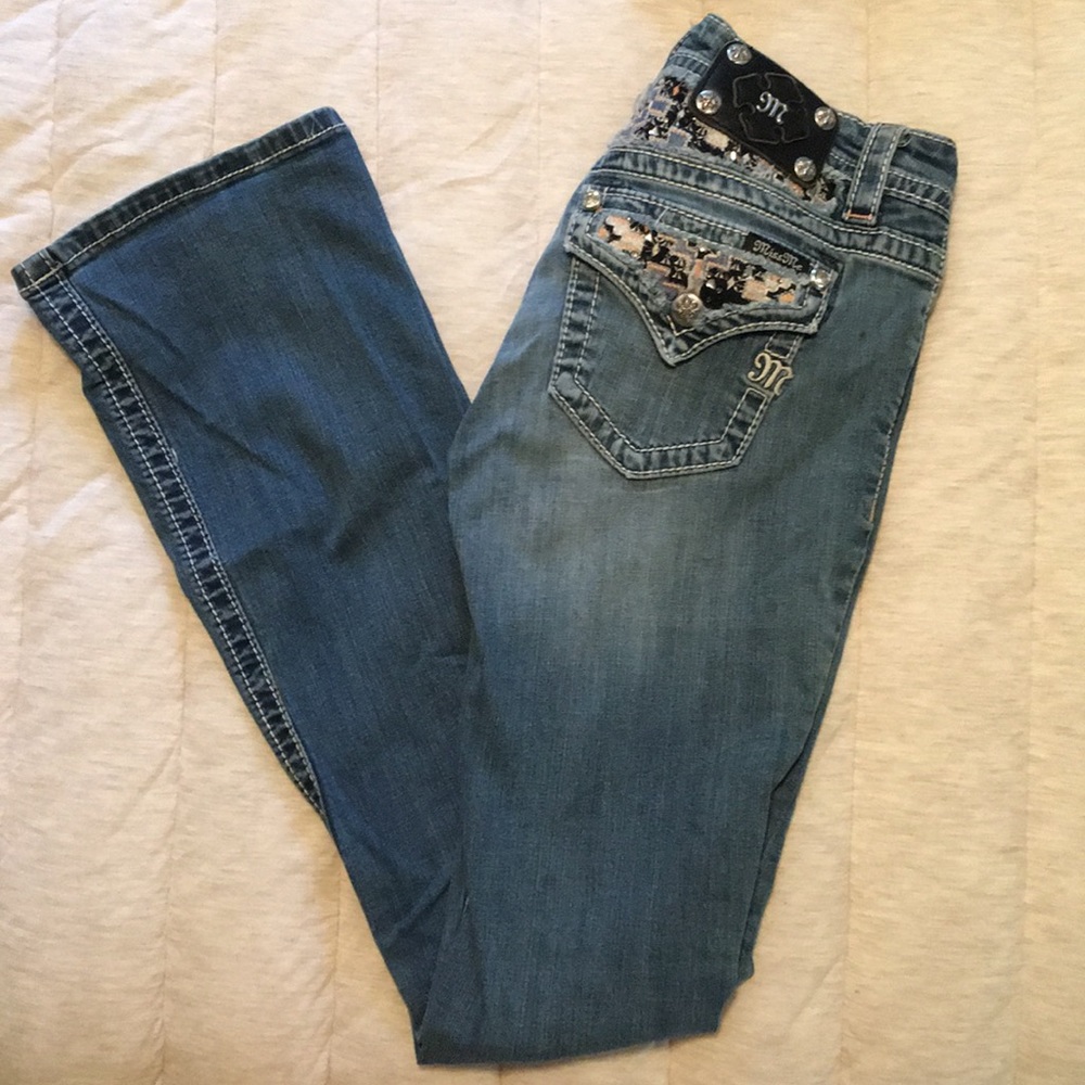 Miss Me Jeans with blue and pink print back